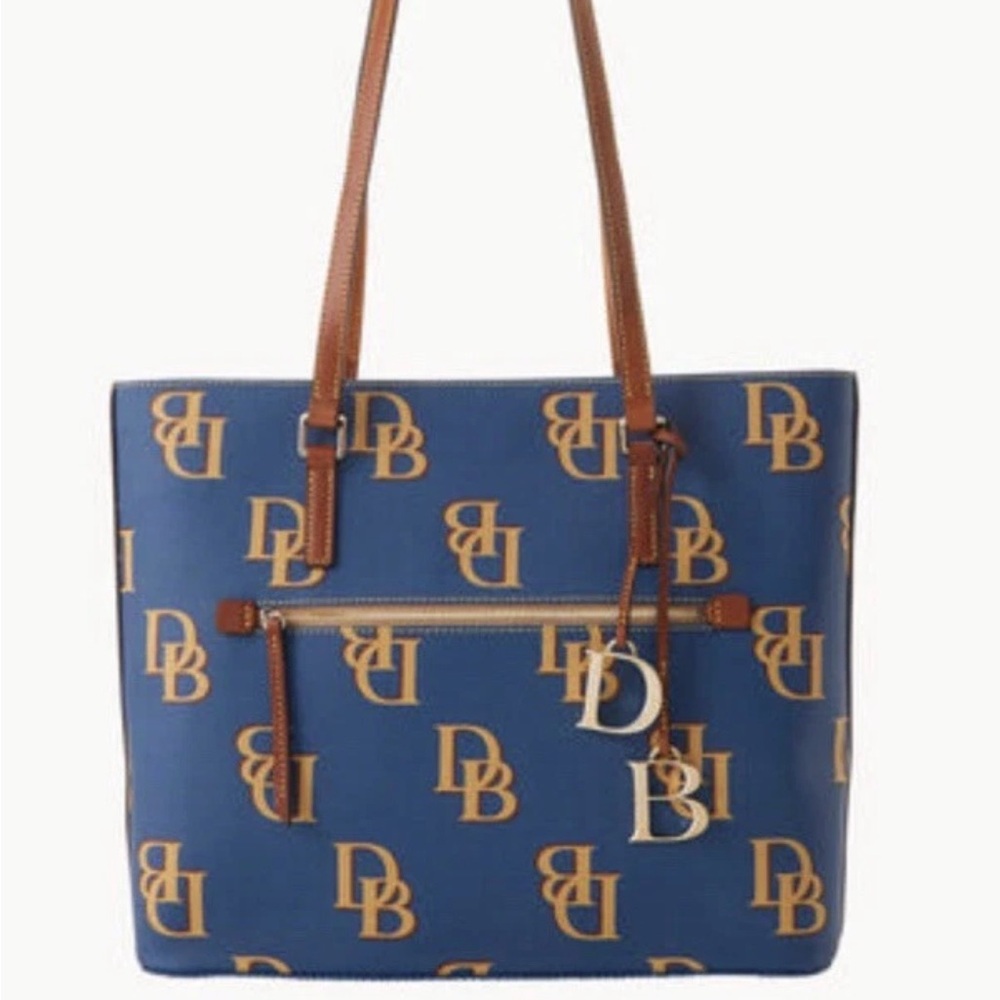 Dooney & Bourke Blue Logo Tote with Tan Leather Trim